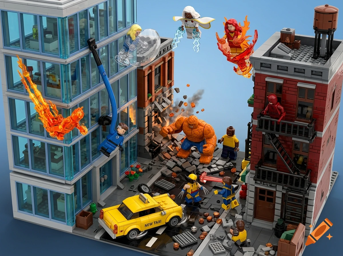 Detailed Lego MOC diorama showing a street battle in New York with Fantastic Four, X-Men, and Defenders characters.