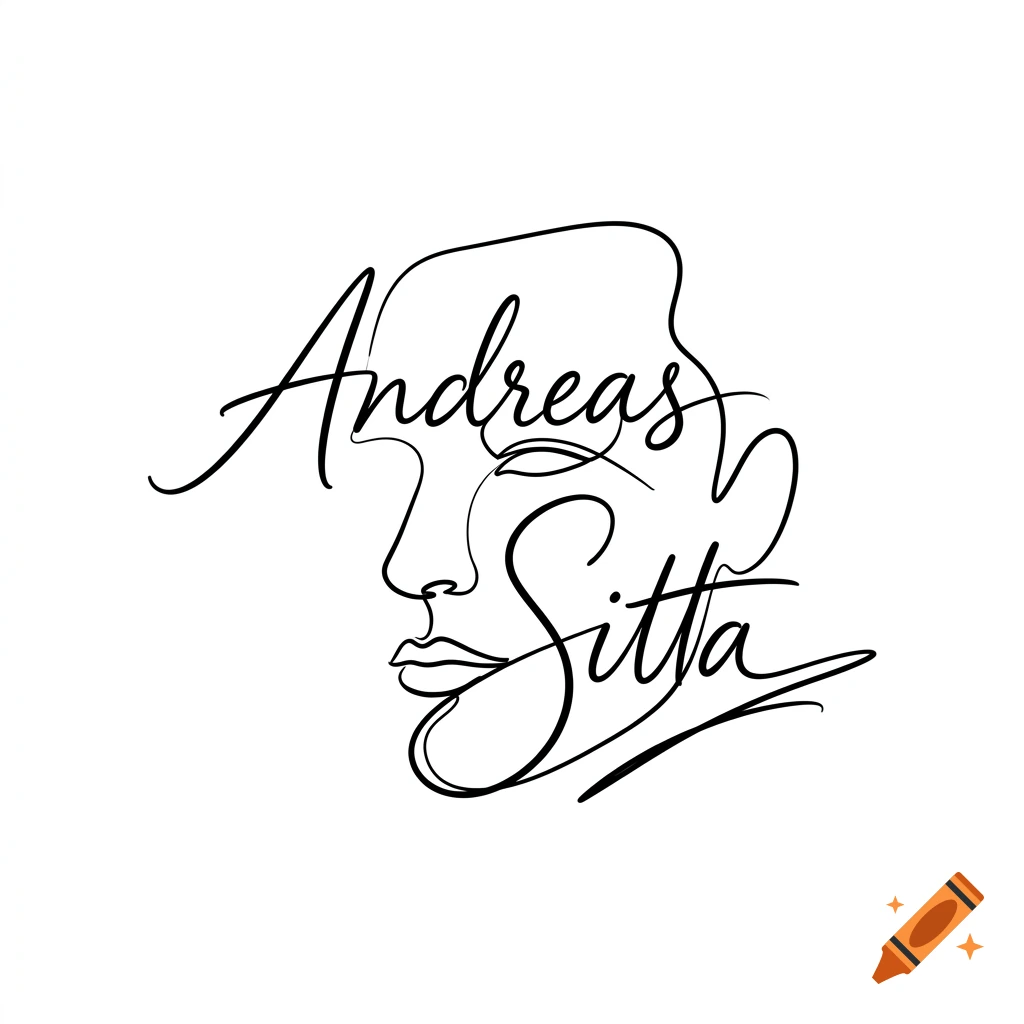A continuous line art drawing of a face integrated with the handwritten text 'Andreas Sitta'.