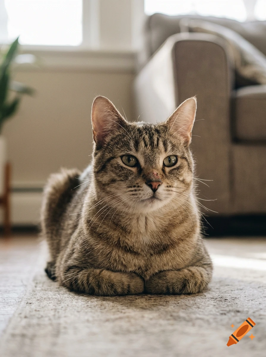 A brown tabby cat lying down indoors on a rug with its paws tucked underneath.