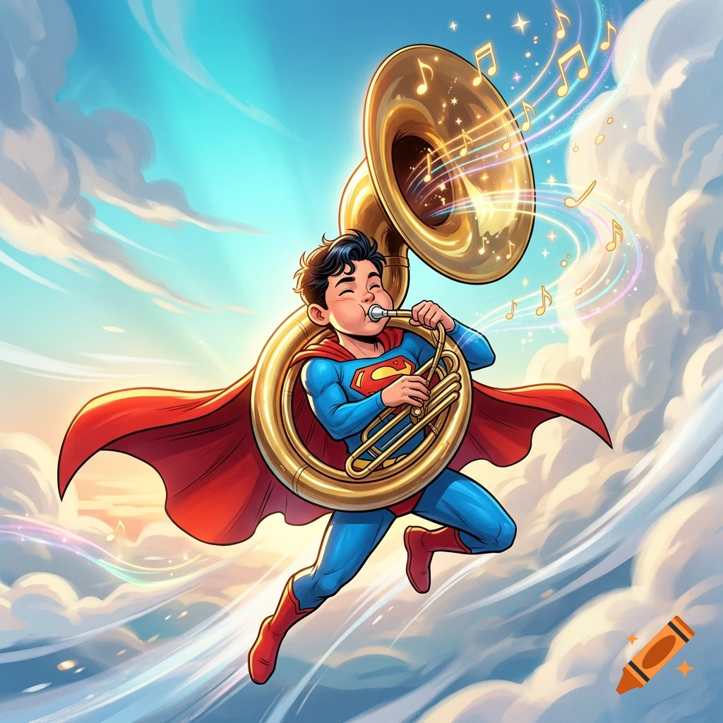 Illustration of a child Superman flying through clouds while playing a large golden sousaphone, with musical notes floating around.