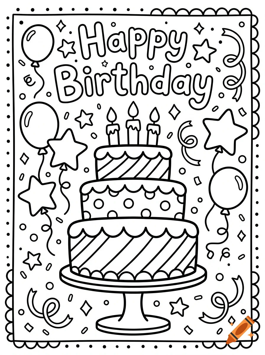 Black and white line art coloring page of a three-tier birthday cake with candles, balloons, stars, and the text Happy Birthday.
