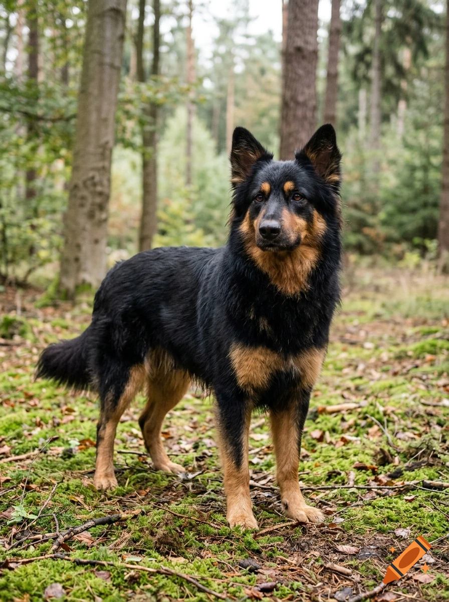 A black and tan dog standing in a forest with mossy ground and tall trees.