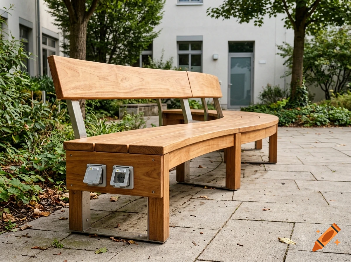 Curved wooden outdoor bench with power outlets on the side, situated in a paved courtyard with trees and modern buildings.