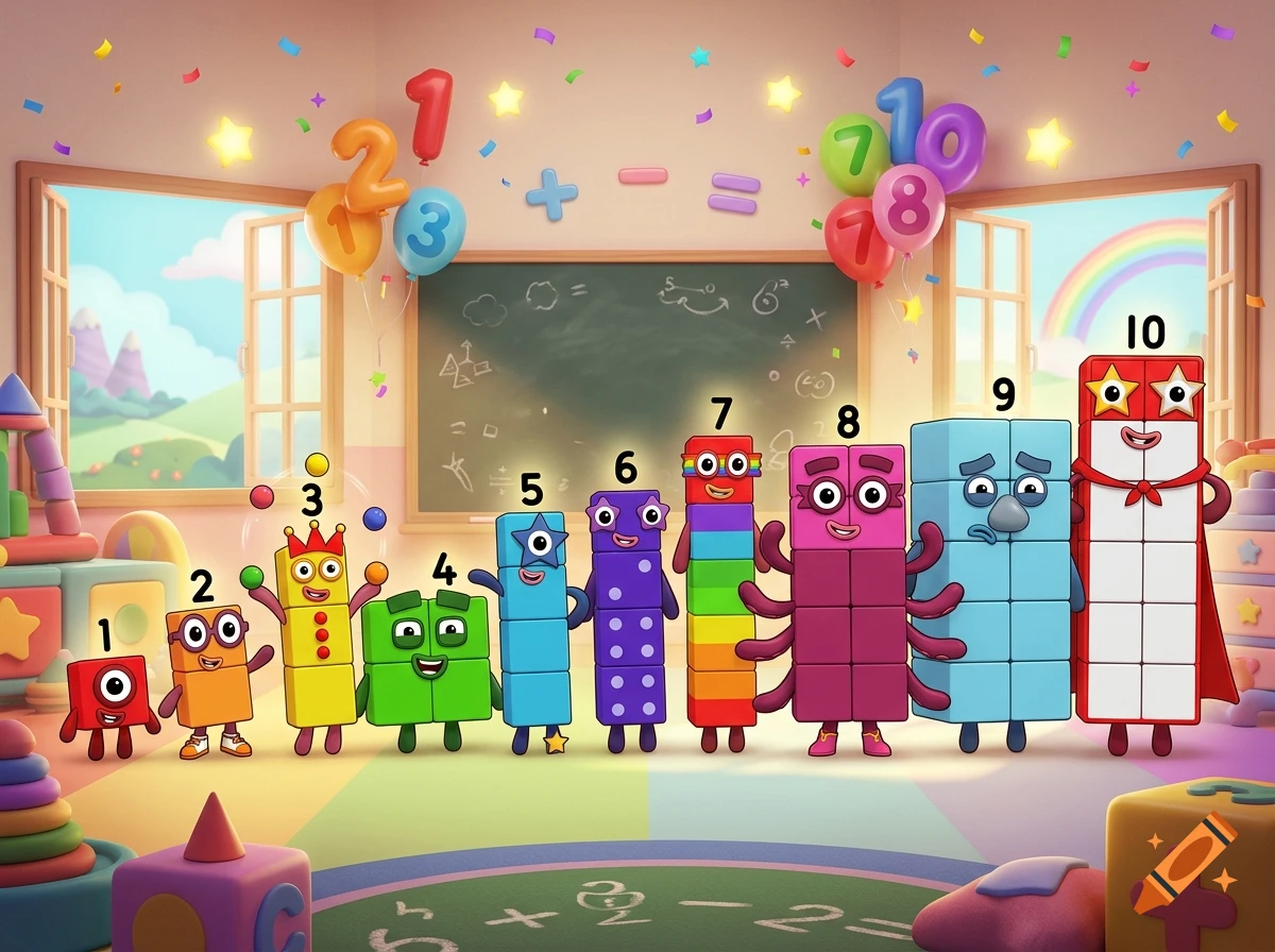 Cartoon characters representing numbers one through ten lined up in a colorful classroom setting.