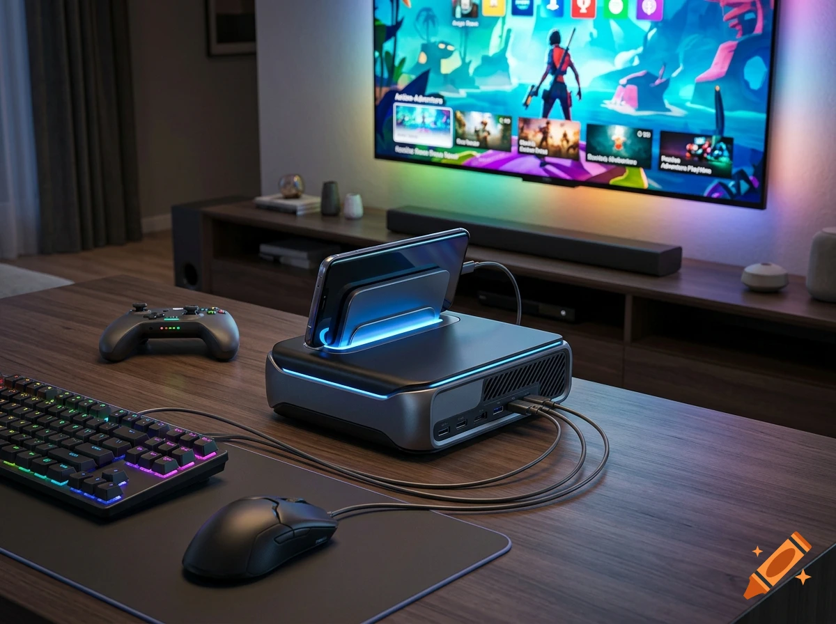 Photorealistic gaming setup on a wooden desk featuring a smartphone docked in a console hub, a mechanical keyboard, a mouse, and a controller, with a large TV screen displaying a video game in the background.