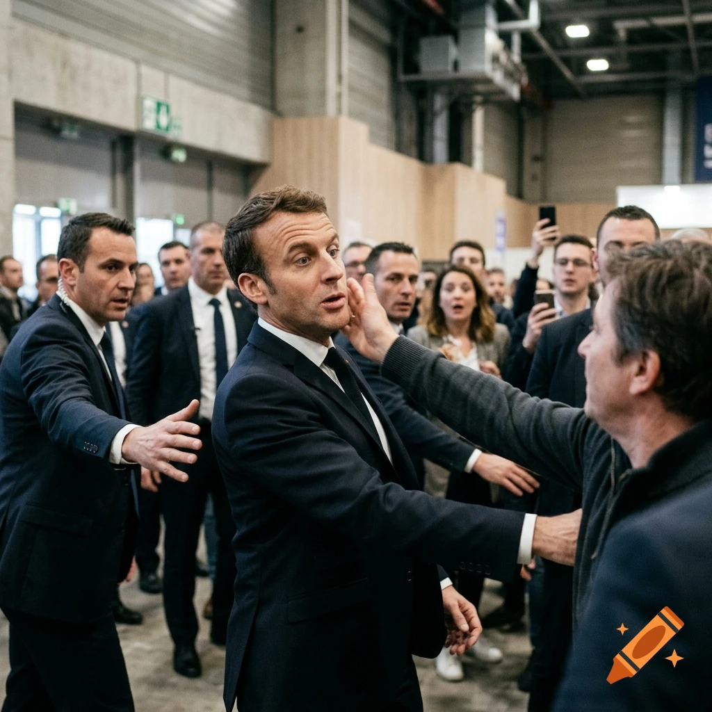 Photorealistic scene of Emmanuel Macron being slapped in the face by a man in a crowd with security guards reacting.