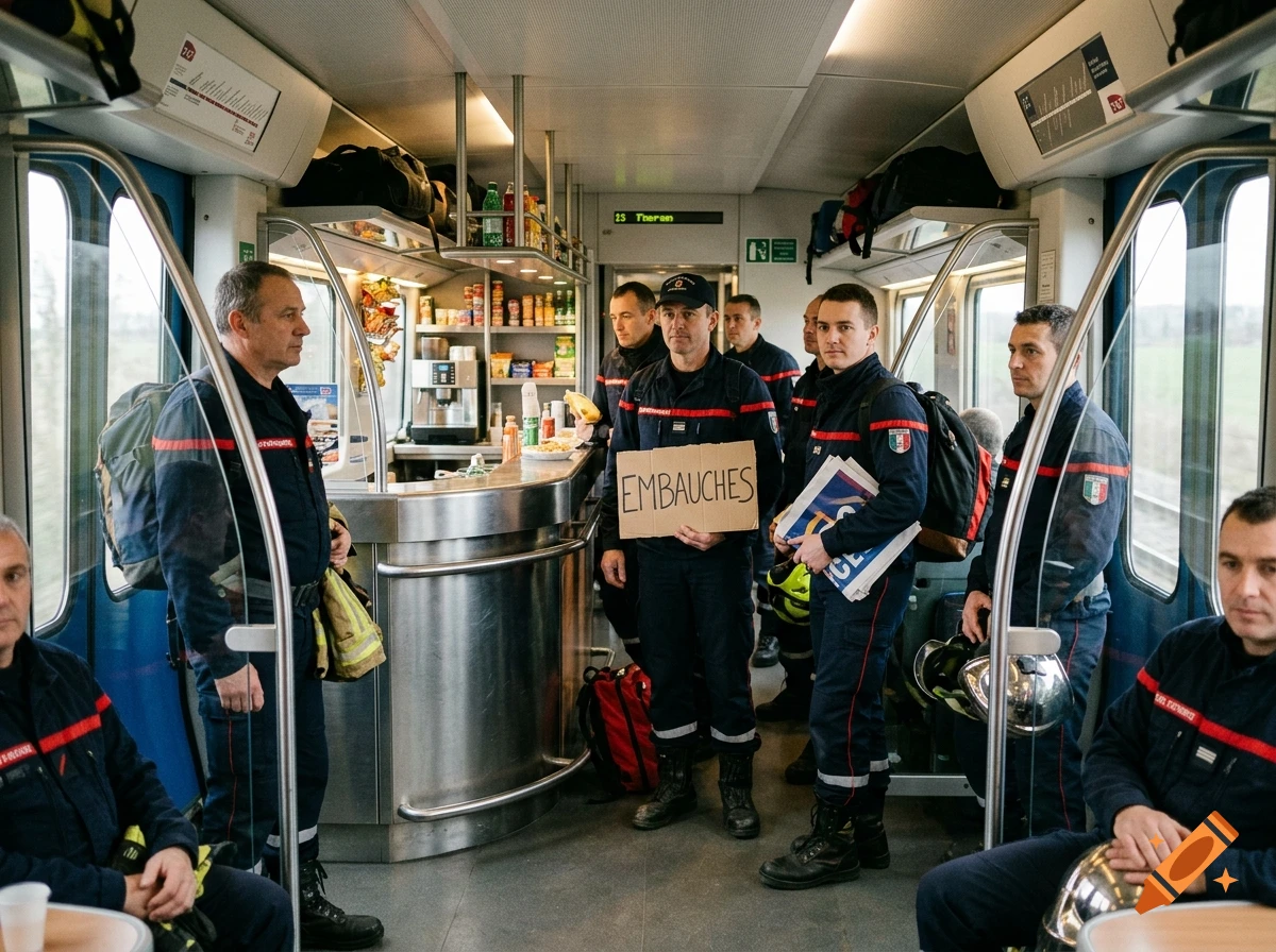 Photorealistic interior view of a train car filled with French firefighters in uniform, one holding a sign that reads EMBAUCHES.