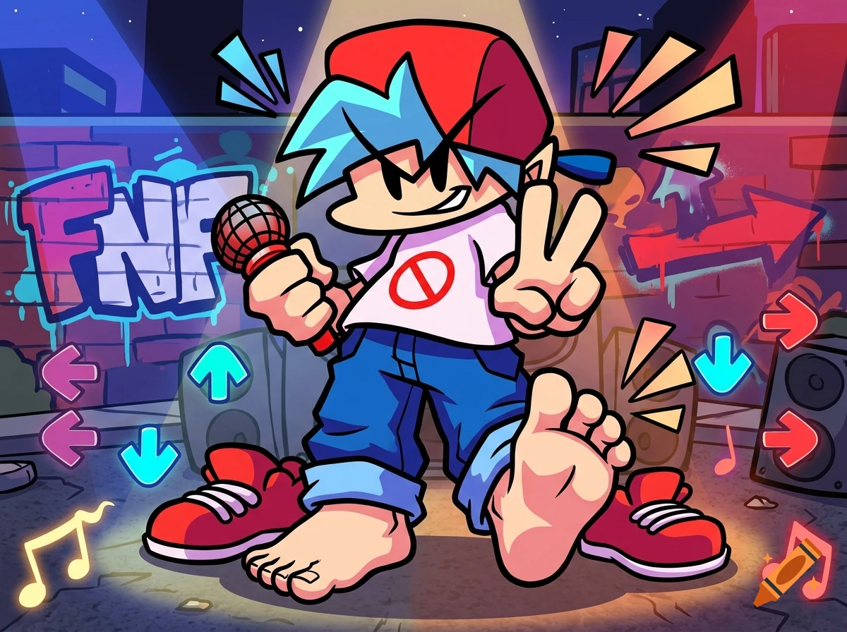 An animated character with blue hair and a red hat holding a microphone while standing on an outdoor stage with graffiti and directional arrows.