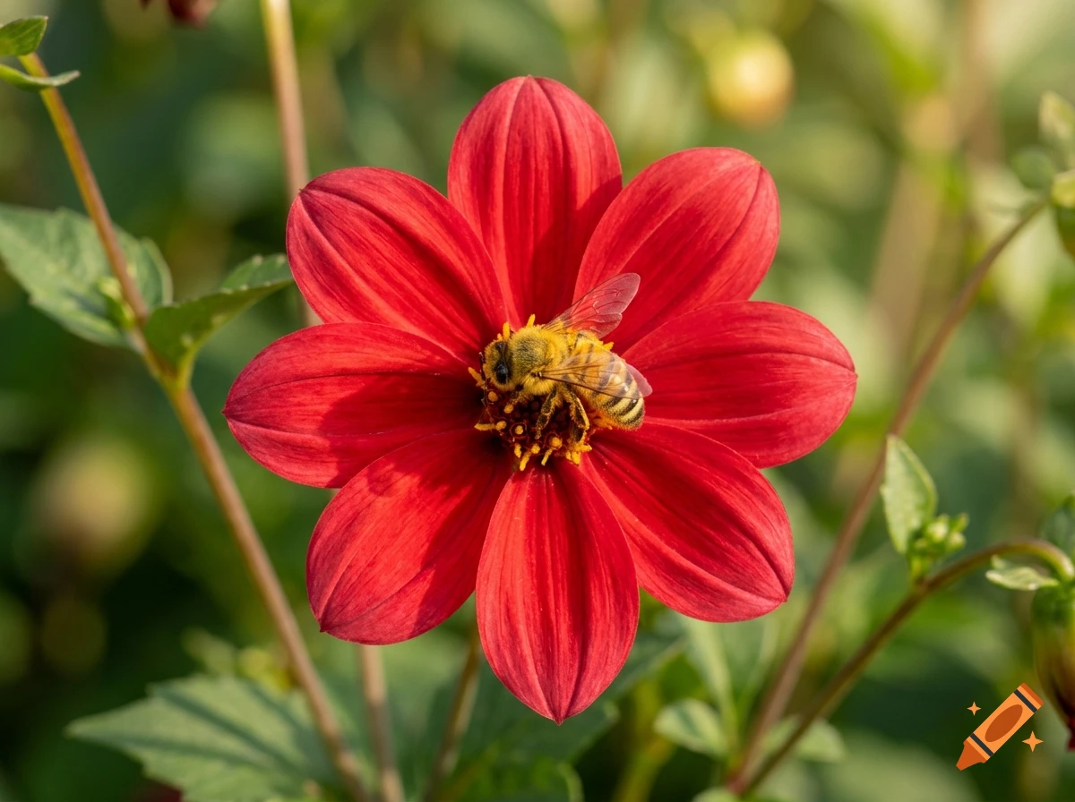 Close-up of a vibrant red flower with a fuzzy honey bee collecting pollen in the center, photorealistic.