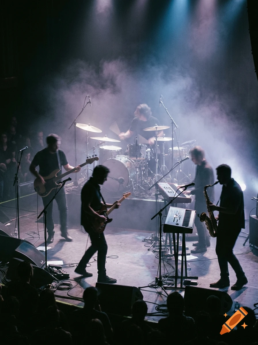 A rock band with silhouetted members performing on a stage under bright spotlights and stage smoke.