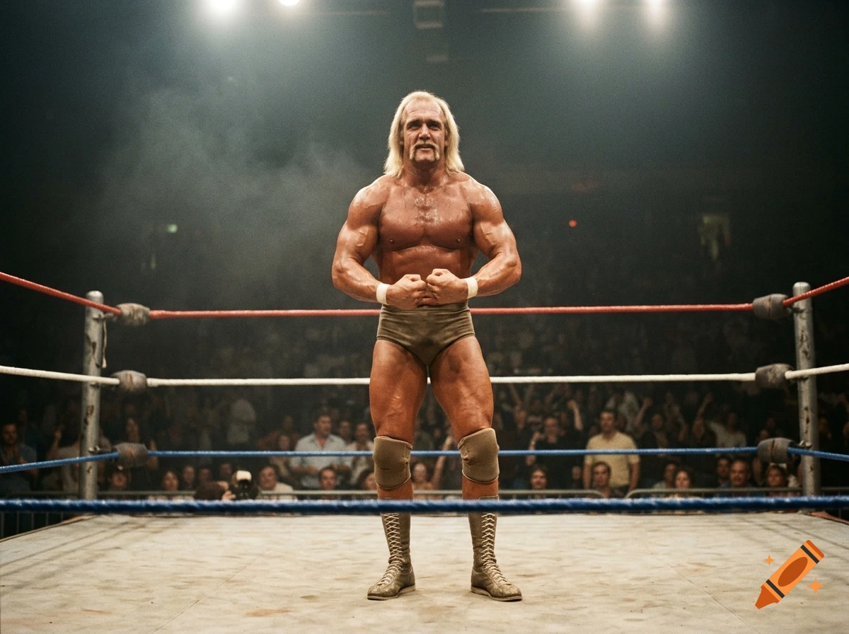A vintage 1970s photograph of a young, ripped Hulk Hogan posing in a wrestling ring.