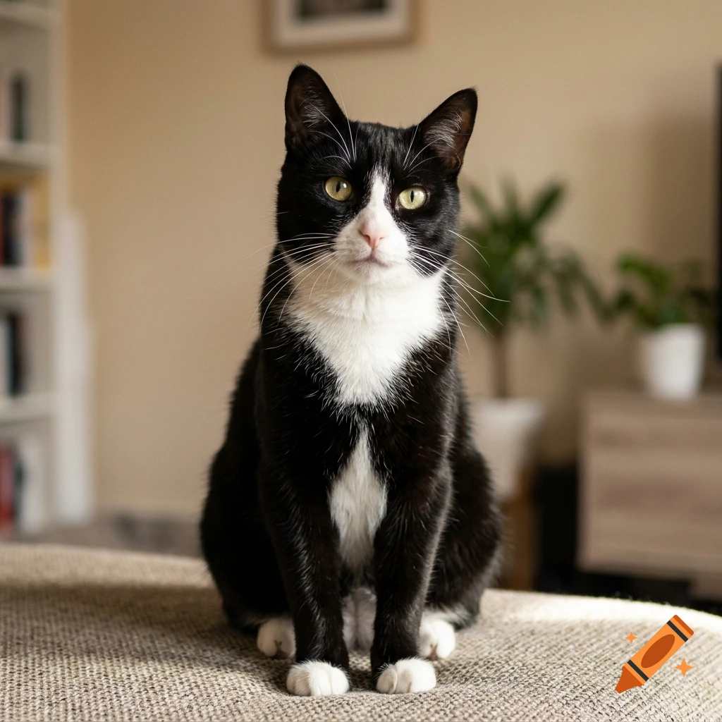 Photorealistic portrait of a black and white tuxedo cat sitting on a couch.