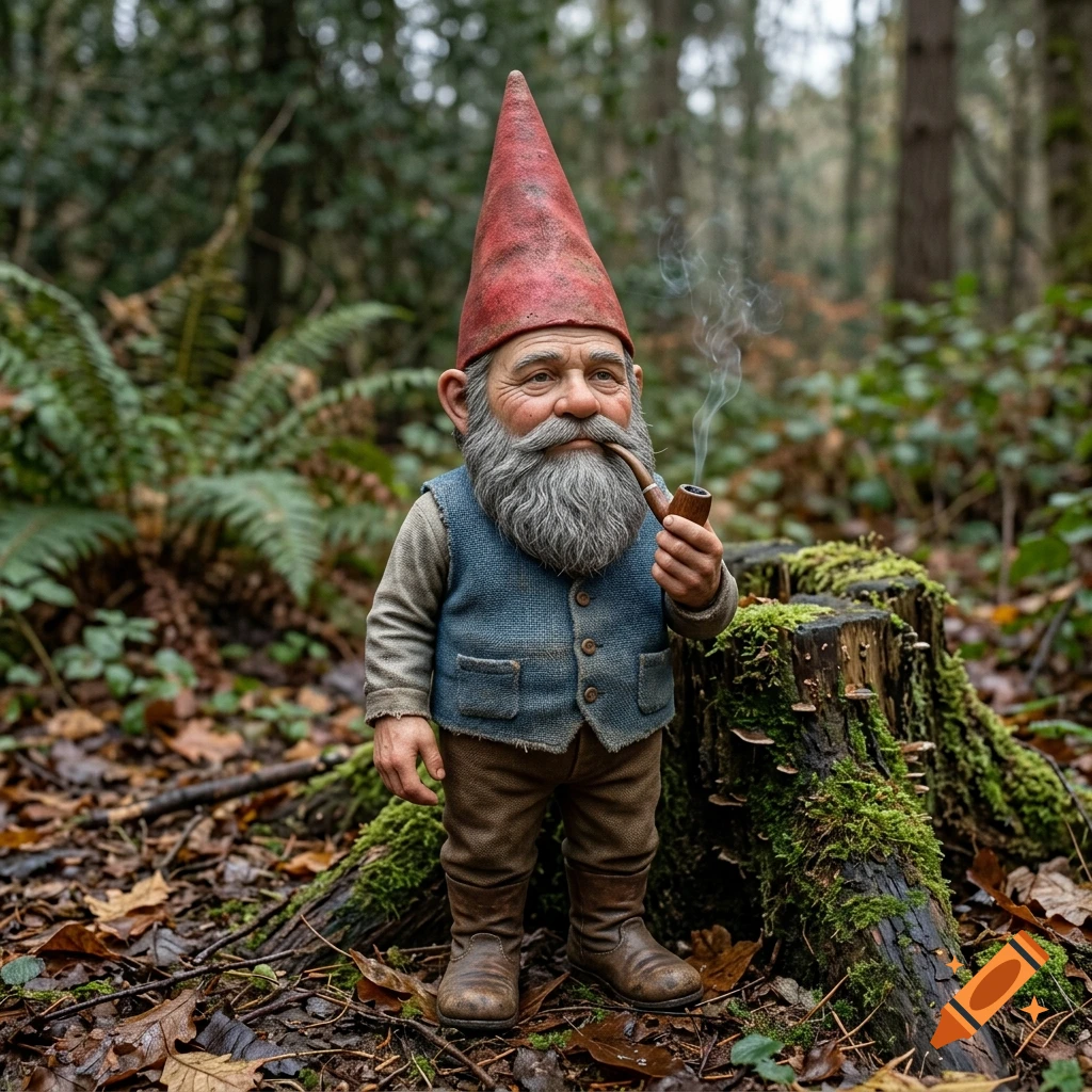 Photorealistic image of a garden gnome with a red hat and blue vest smoking a wooden pipe in a forest next to a mossy tree stump.