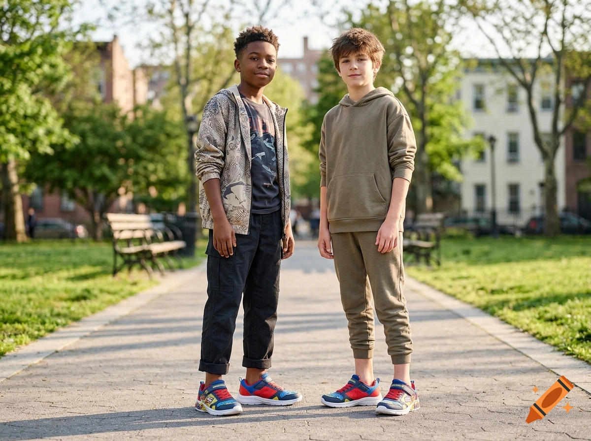 Photorealistic full-body shot of two young teenage boys standing on a paved park path, wearing casual clothes and colorful sneakers.