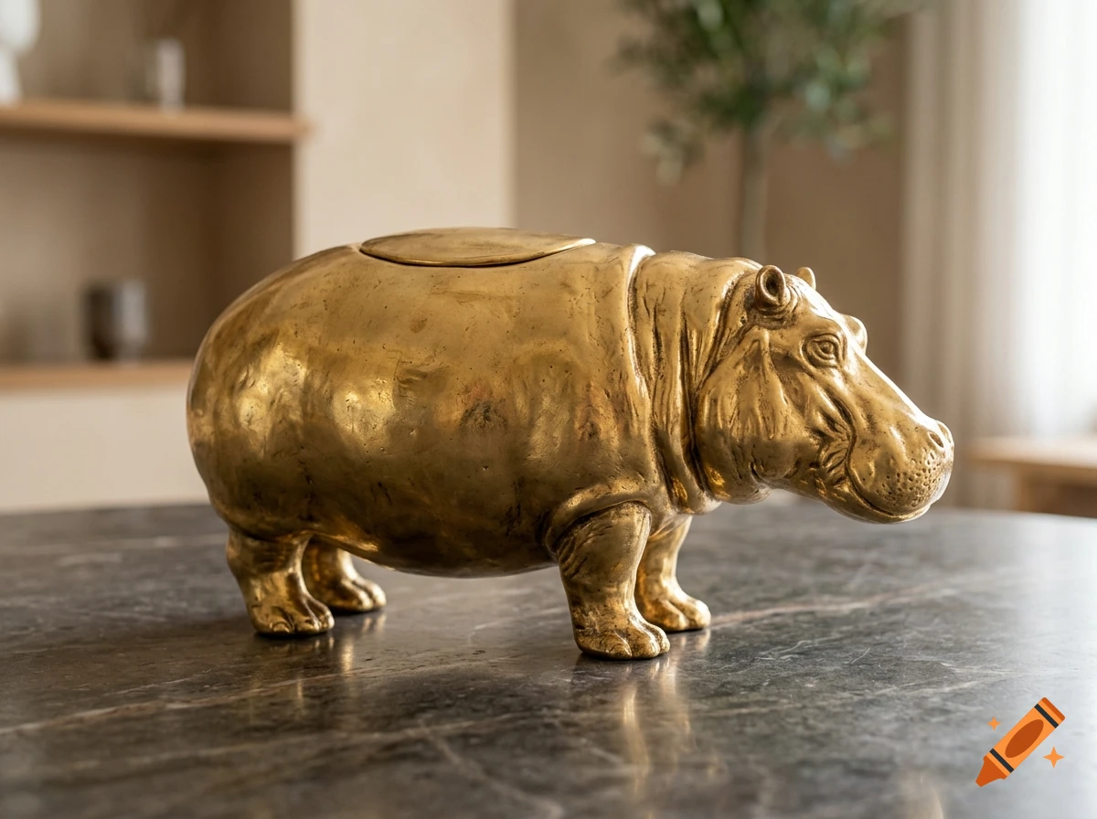 A photorealistic golden hippopotamus-shaped jar with a lid resting on a dark marble tabletop in a modern interior setting.