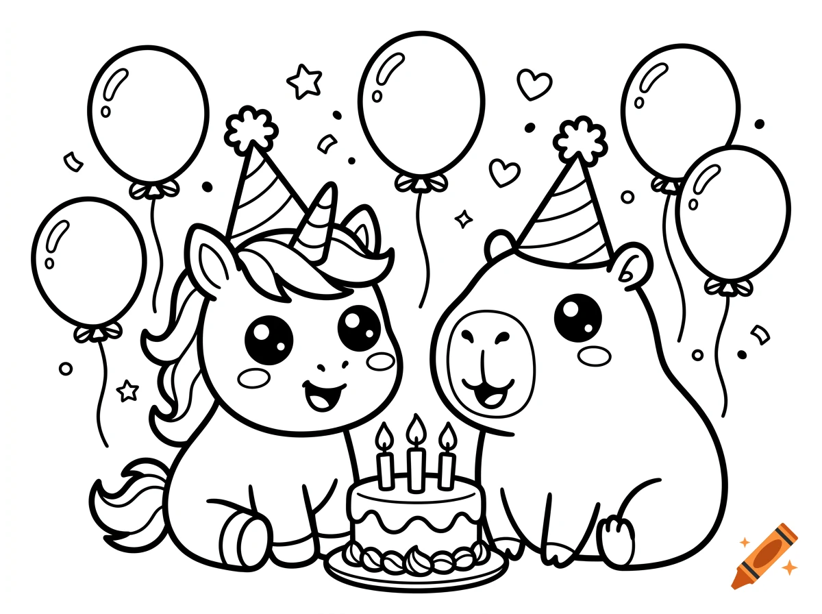 Kawaii black and white coloring page of a cute unicorn and capybara celebrating a birthday with party hats, balloons, and cake.