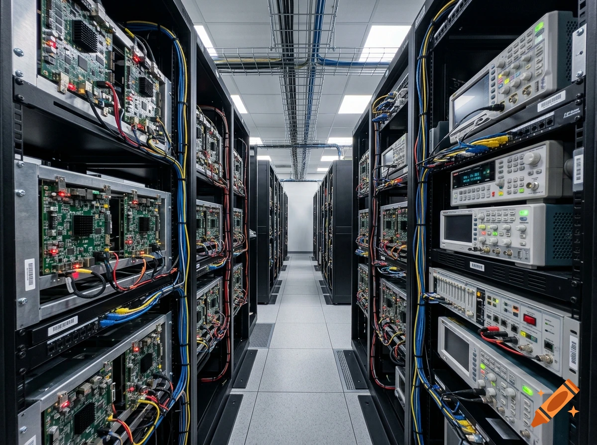 Photorealistic view of an embedded hardware test farm with circuit boards in metal racks and bundles of cables.