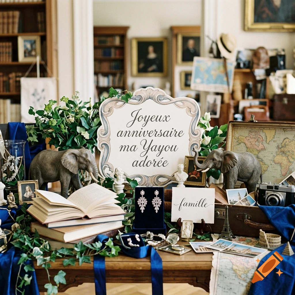 Birthday setup on a wooden table with a sign reading Joyeux anniversaire ma Yayou adorée, elephants, books, and vintage travel items.