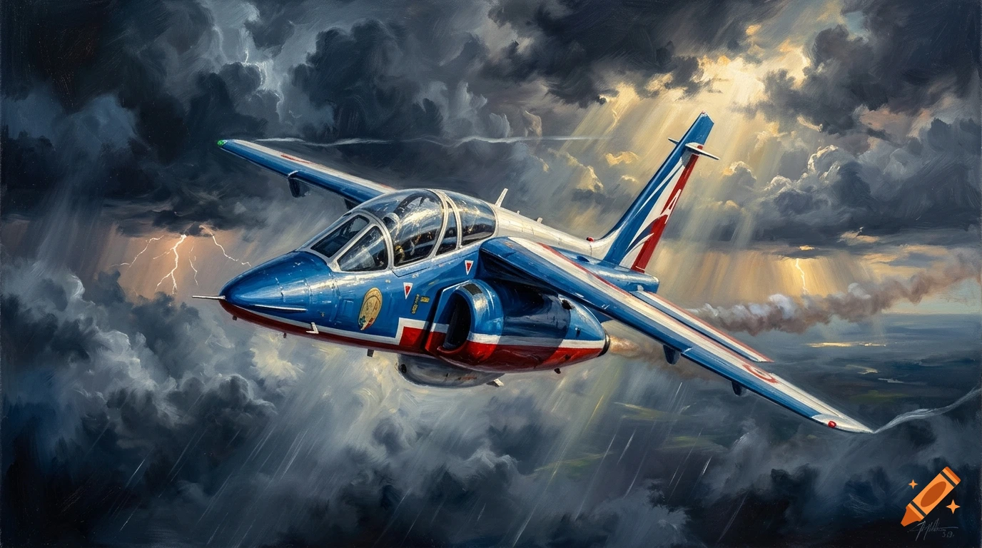 An oil painting of a blue and white jet aircraft flying through a stormy sky with dark clouds and light rays shining through.
