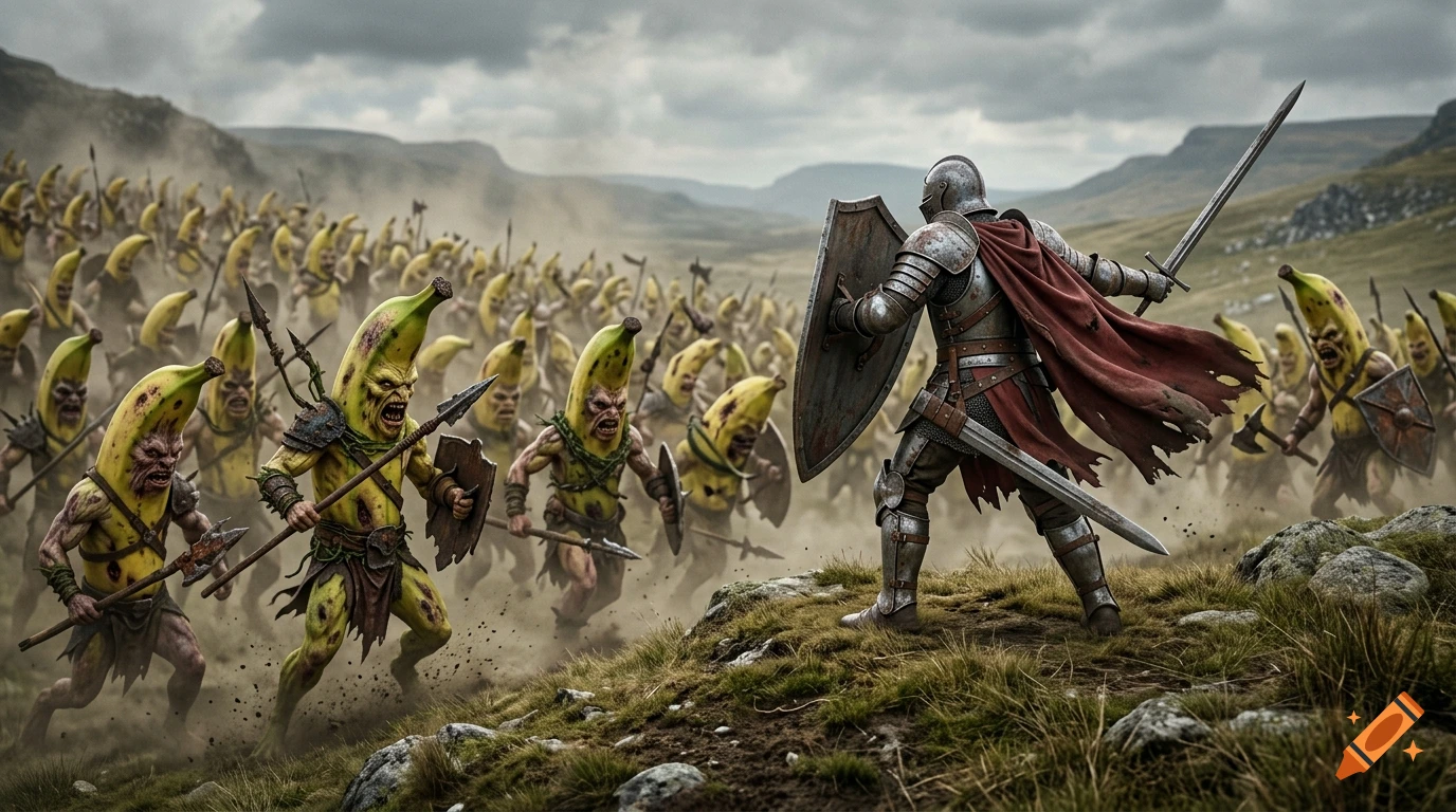 A paladin in armor standing on a hill defending against an army of mutant banana warriors in a photorealistic style.