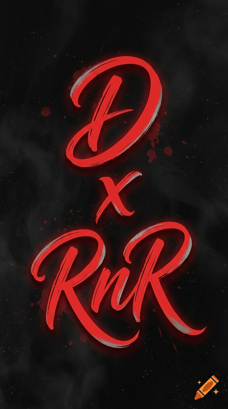 Red glowing script lettering saying DxRnR against a dark textured background with splatters.
