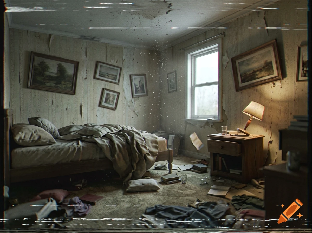 Photorealistic bedroom with old VHS damage effects, tilted paintings, floating debris, and scattered items during an earthquake.