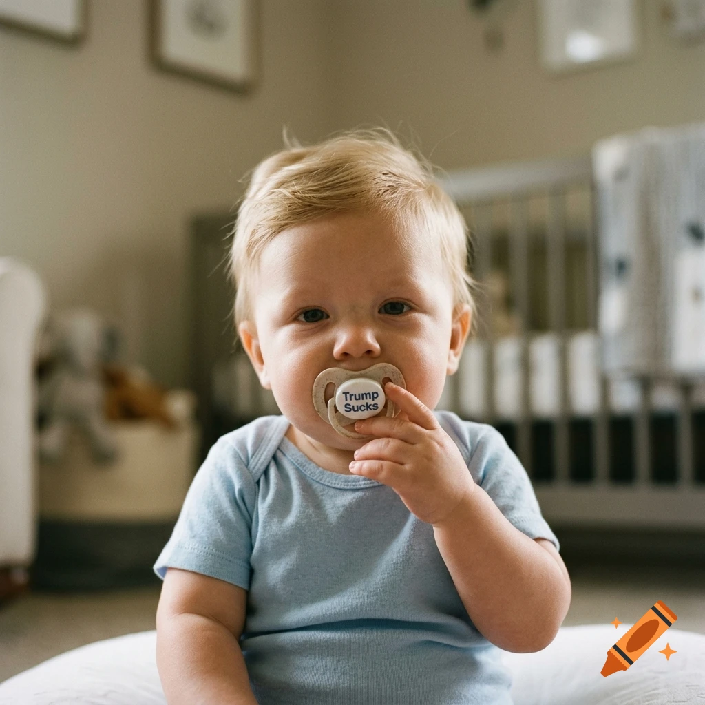 Close-up photorealistic shot of a toddler with a pacifier that reads Trump Sucks in a nursery.