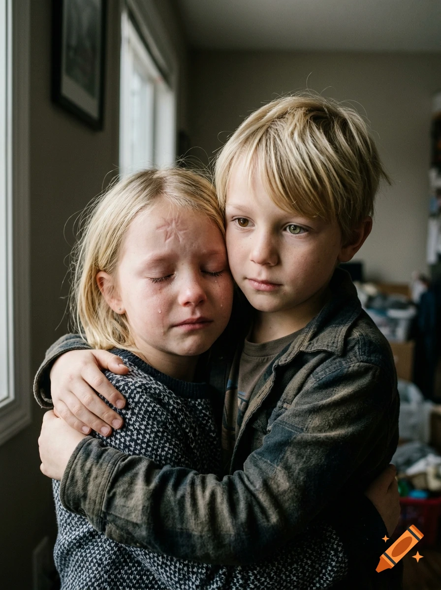 Close-up photorealistic portrait of a crying young girl with a star-shaped scar on her forehead, hugging a blonde boy with heterochromia.