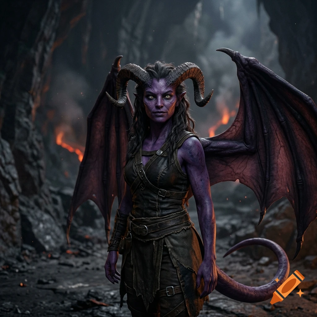 Photorealistic portrait of a purple demoness with horns, cat eyes, wings, and a tail in a cave.