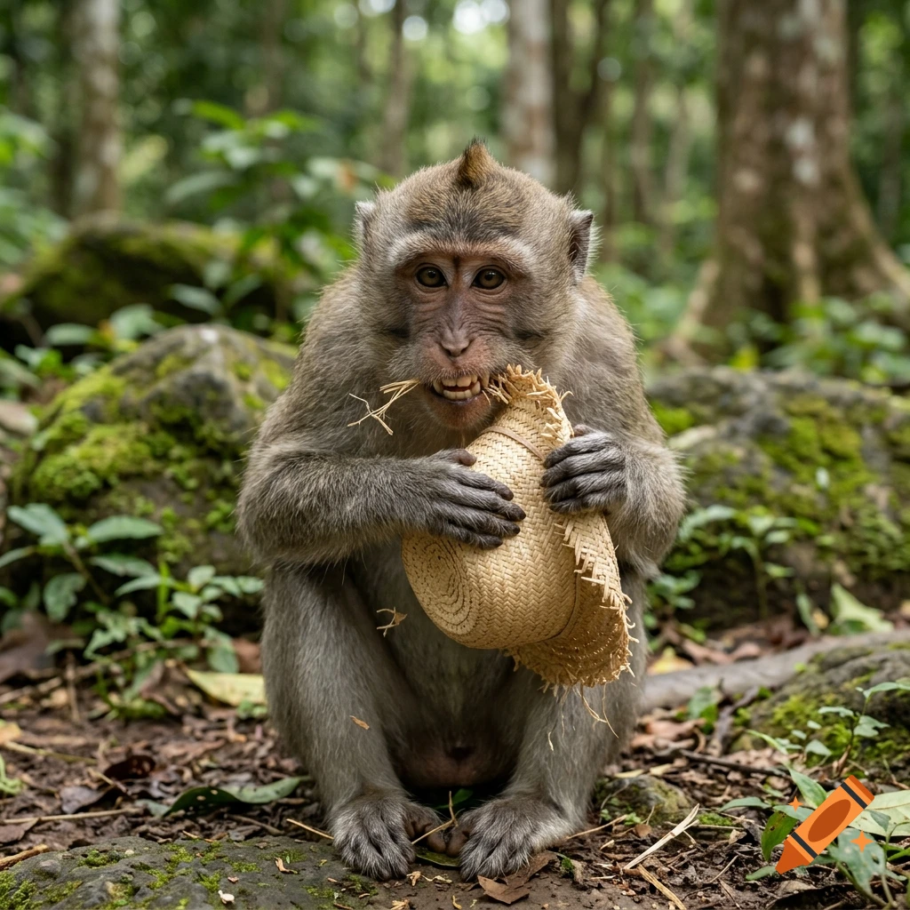 A macaque monkey sitting on the ground in a forest, holding and chewing on a straw hat.