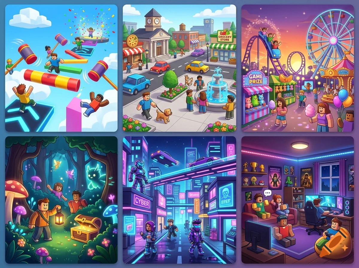 A collage of six digital illustrations in a Roblox style, depicting game scenes, urban settings, an amusement park, a forest, a cyberpunk city, and a gamer's room.