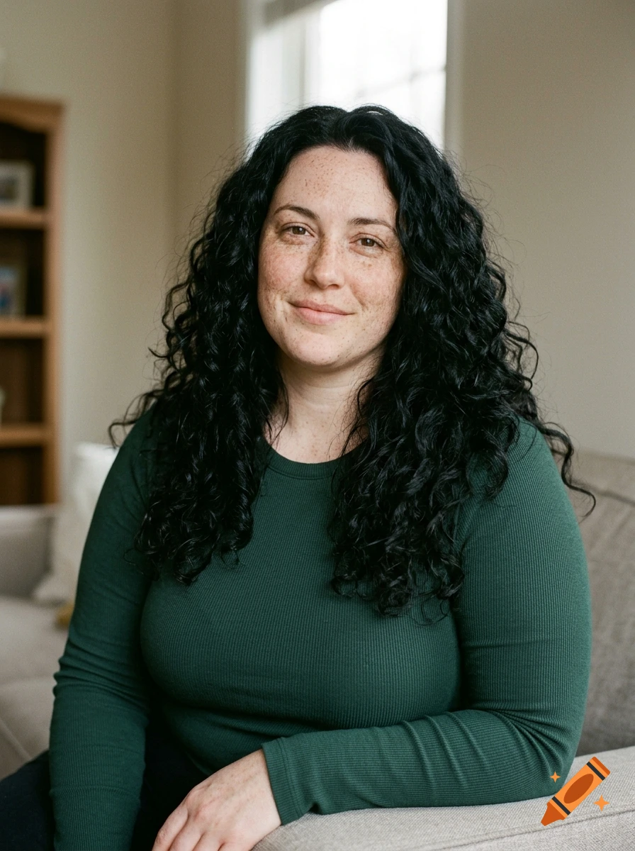 A portrait of a woman with long dark curly hair and freckles, wearing a green long-sleeved shirt, sitting indoors.