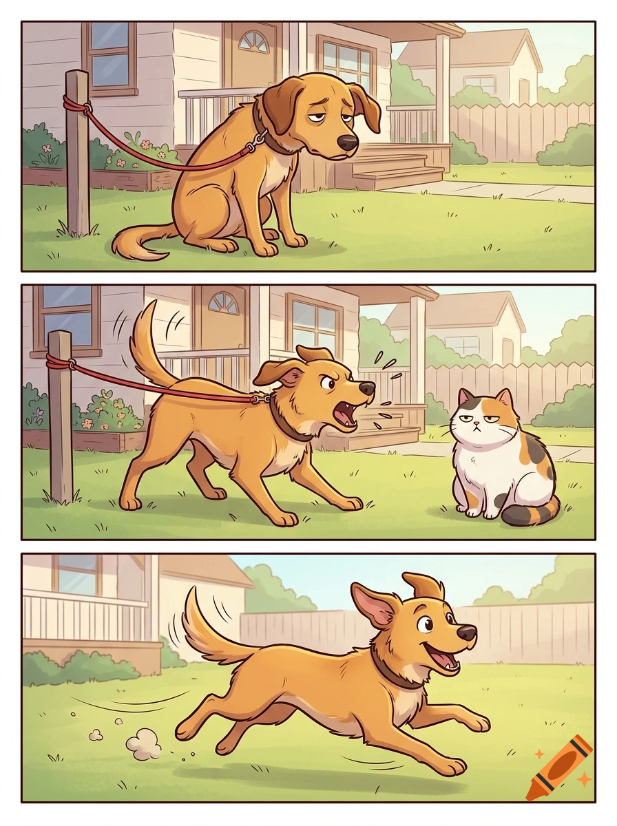 A three-panel comic strip showing a tied dog looking bored, barking angrily at a cat, and then running happily off-leash.