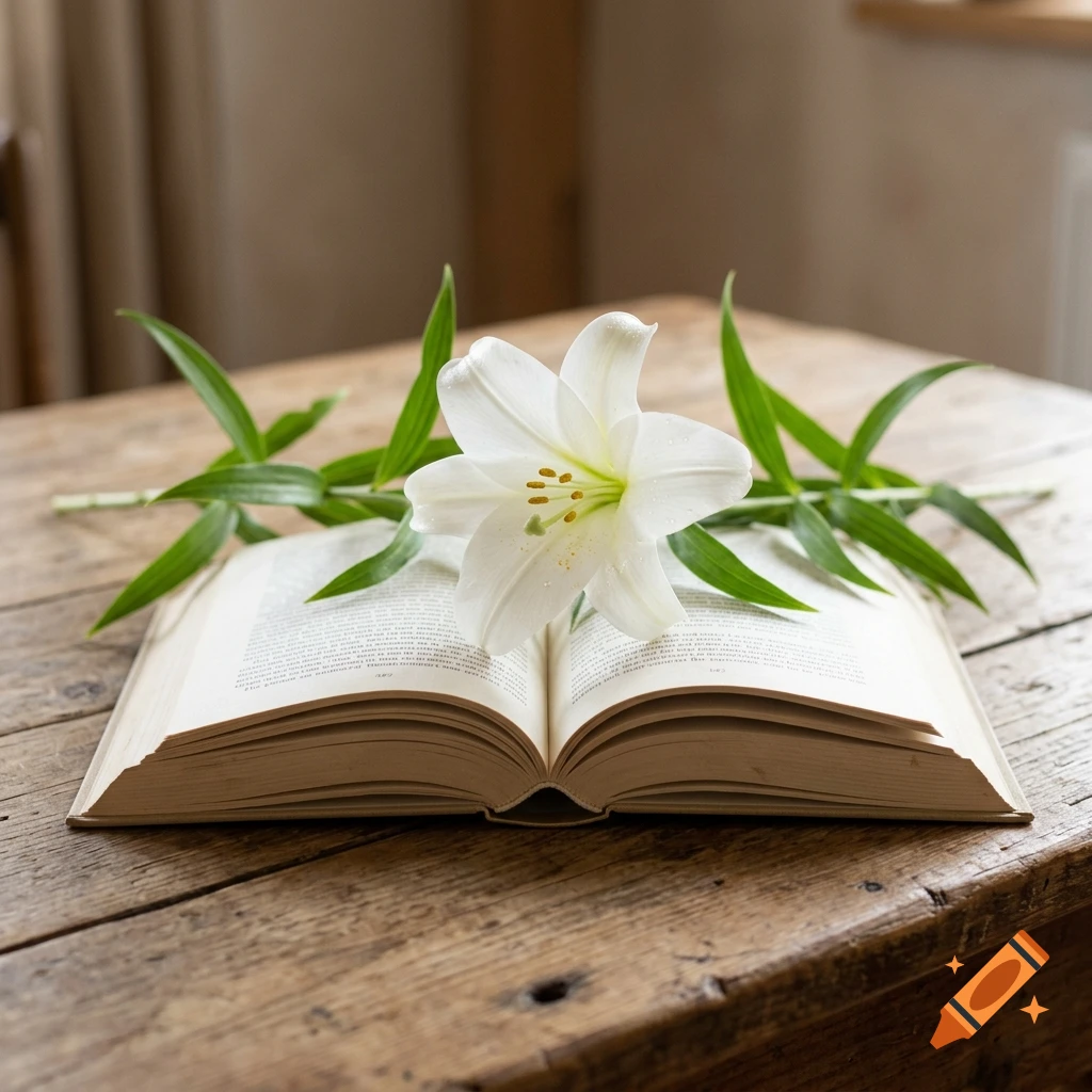 An open book with a white lily and green leaves resting on its pages, set on a rustic wooden table.