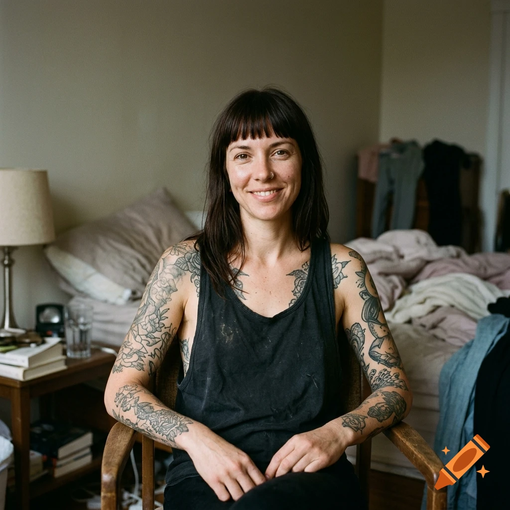 Photorealistic portrait of a smiling brunette woman with extensive tattoos, sitting in a chair in a bedroom.