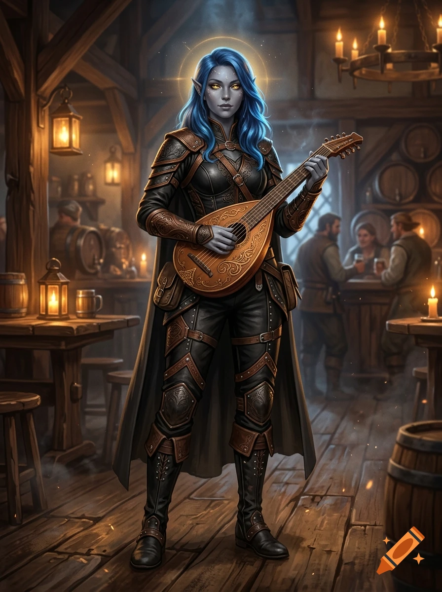 A fantasy elf bard with blue hair and glowing yellow eyes plays a lute inside a rustic tavern, surrounded by patrons, barrels, and warm lamplight.