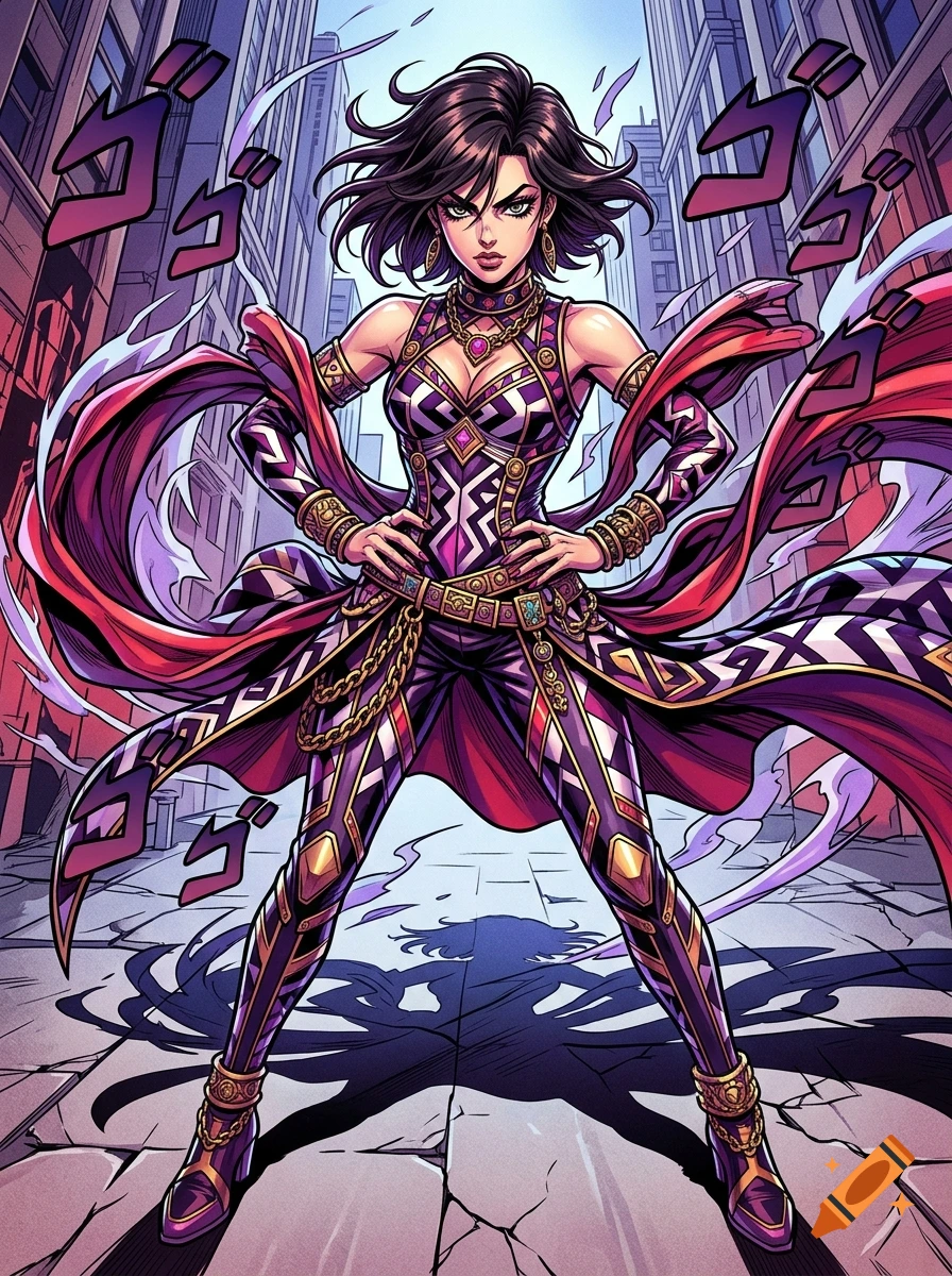 An anime illustration of a fierce woman in a dynamic pose on a city street, inspired by Jojo's Bizarre Adventure style.