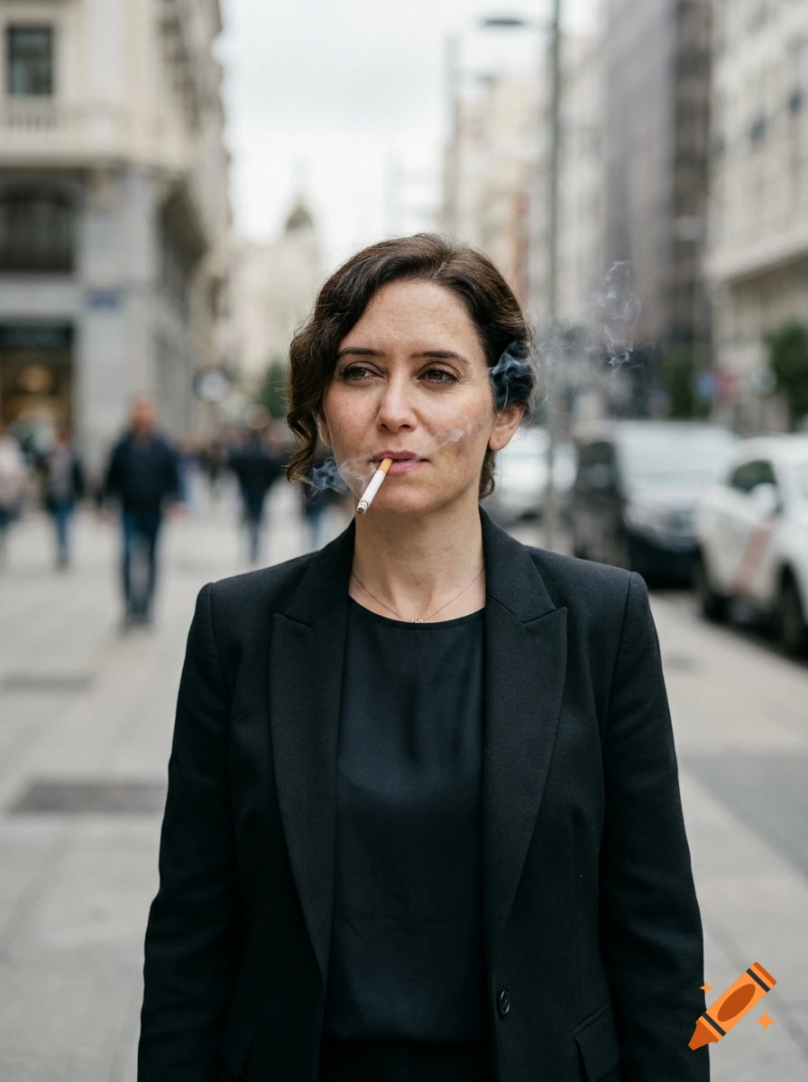 Photorealistic portrait of a woman smoking a cigarette while walking down a city street.