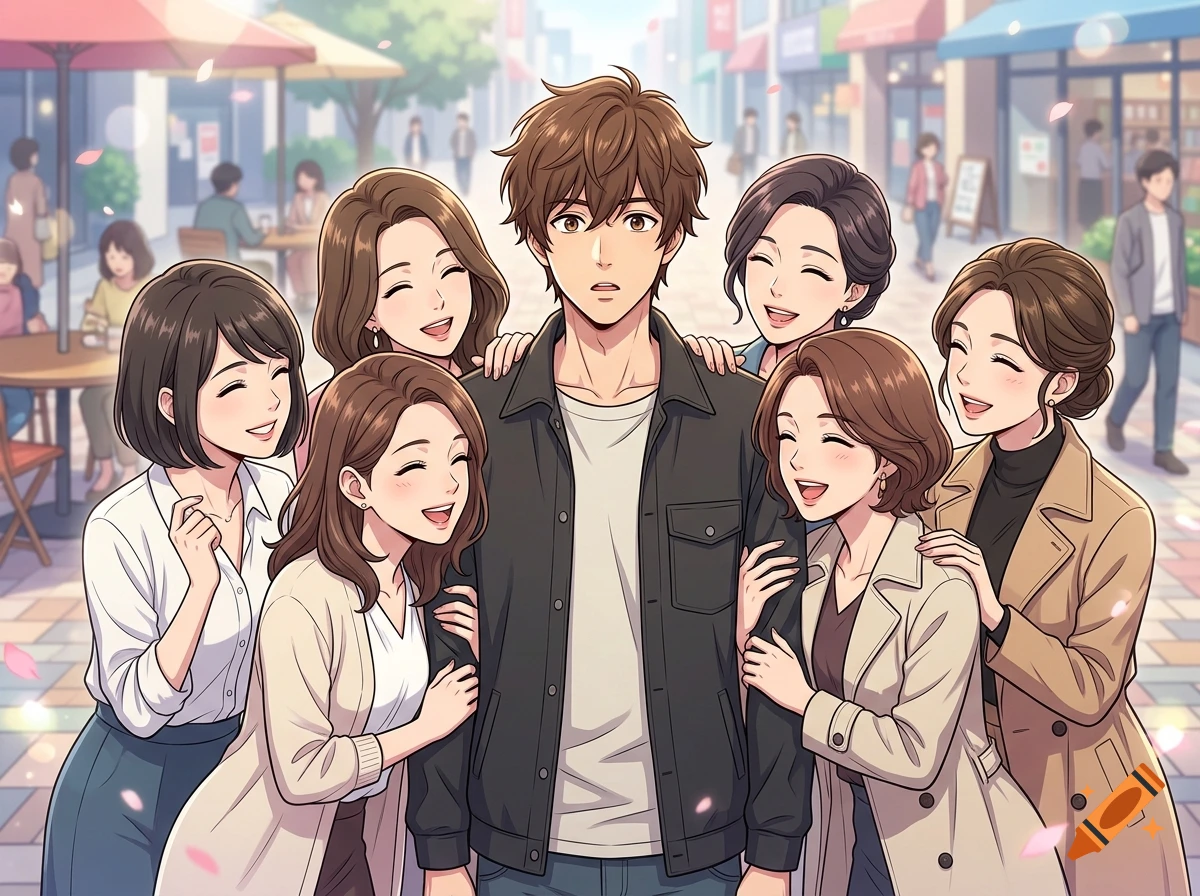 An anime-style illustration of a surprised young man surrounded by multiple smiling women on a city street.