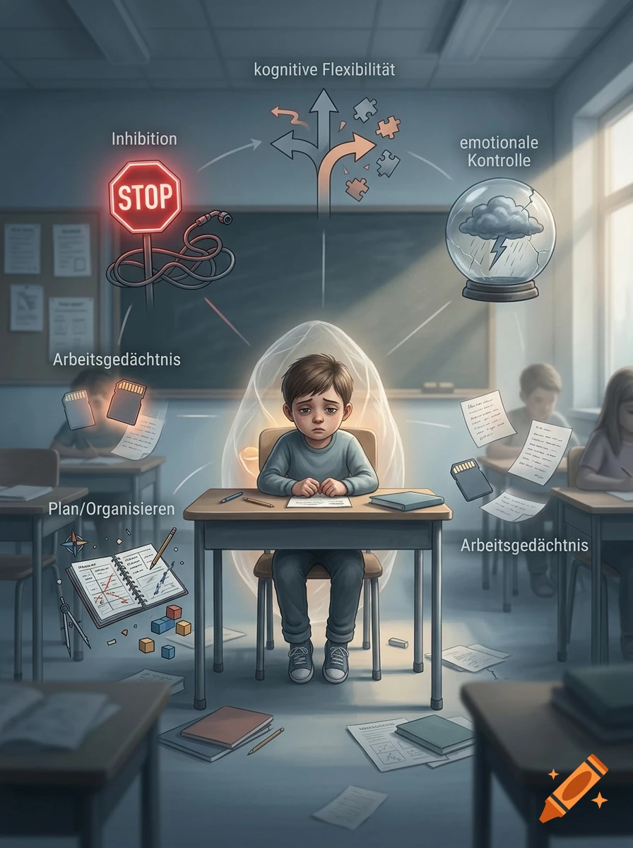 An illustration of a young boy sitting at a desk in a classroom, surrounded by floating diagrams and symbols representing executive functions in German such as Arbeitsgedächtnis, Inhibition, and kognitive Flexibilität.