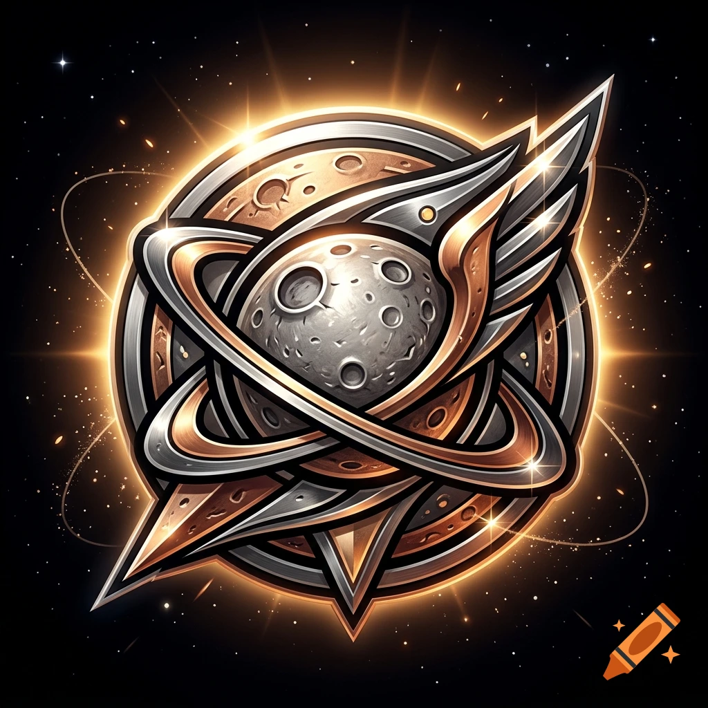 A glowing emblem depicting a cratered planet with rings and wings against a starry black background.