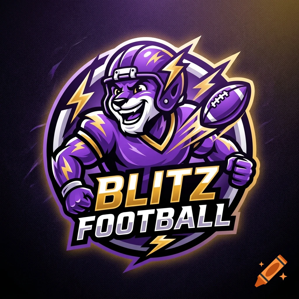 An aggressive purple panther mascot wearing a football helmet and uniform, throwing a football, with text reading BLITZ FOOTBALL.