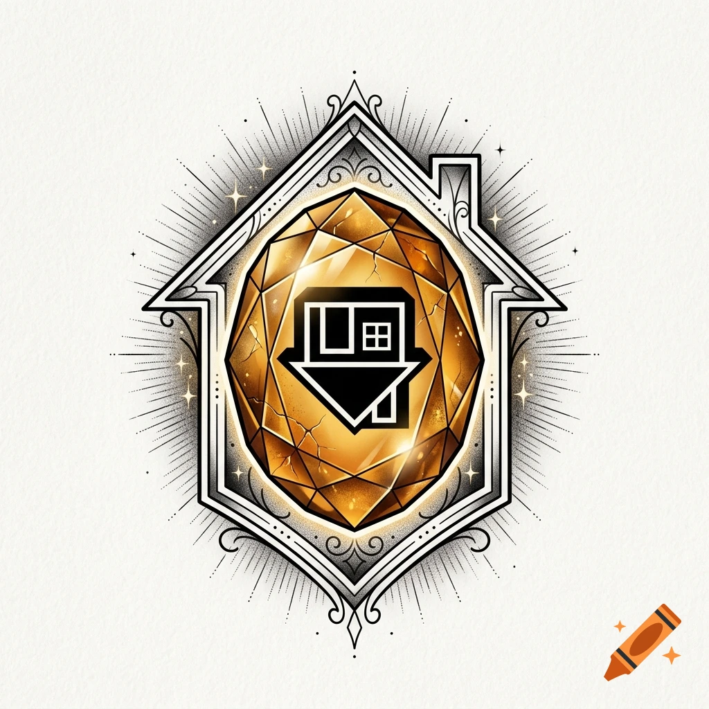 Tattoo design featuring an amber gemstone inside a house outline with a house-shaped logo, in neo-traditional style.