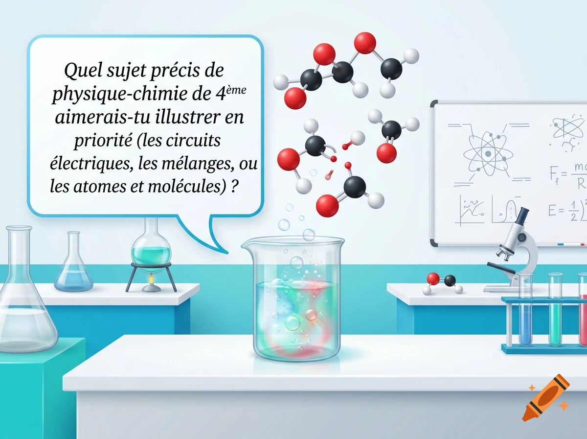 3D vector illustration of a science lab desk with a beaker, floating molecular models, and a speech bubble with French text.