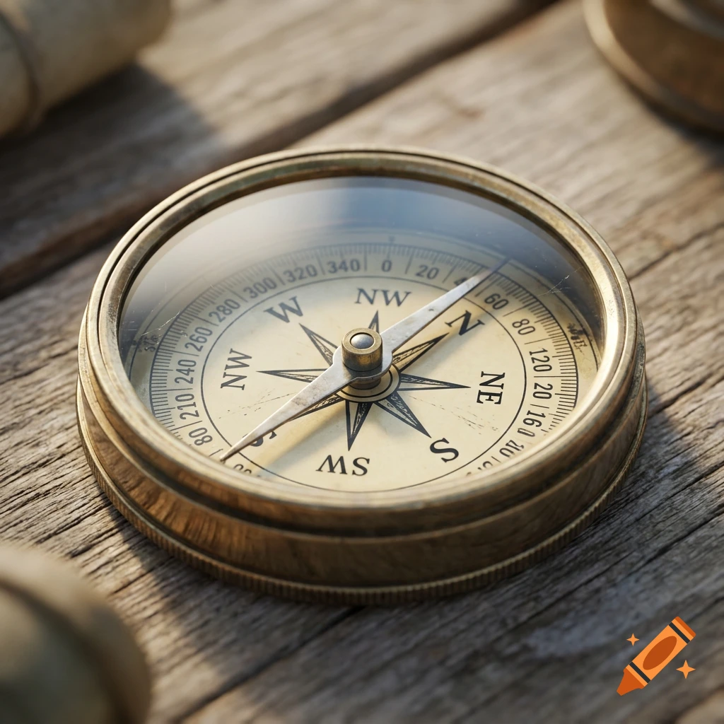 A close-up of a vintage brass compass resting on a weathered wooden surface, with the needle pointing towards the northwest.