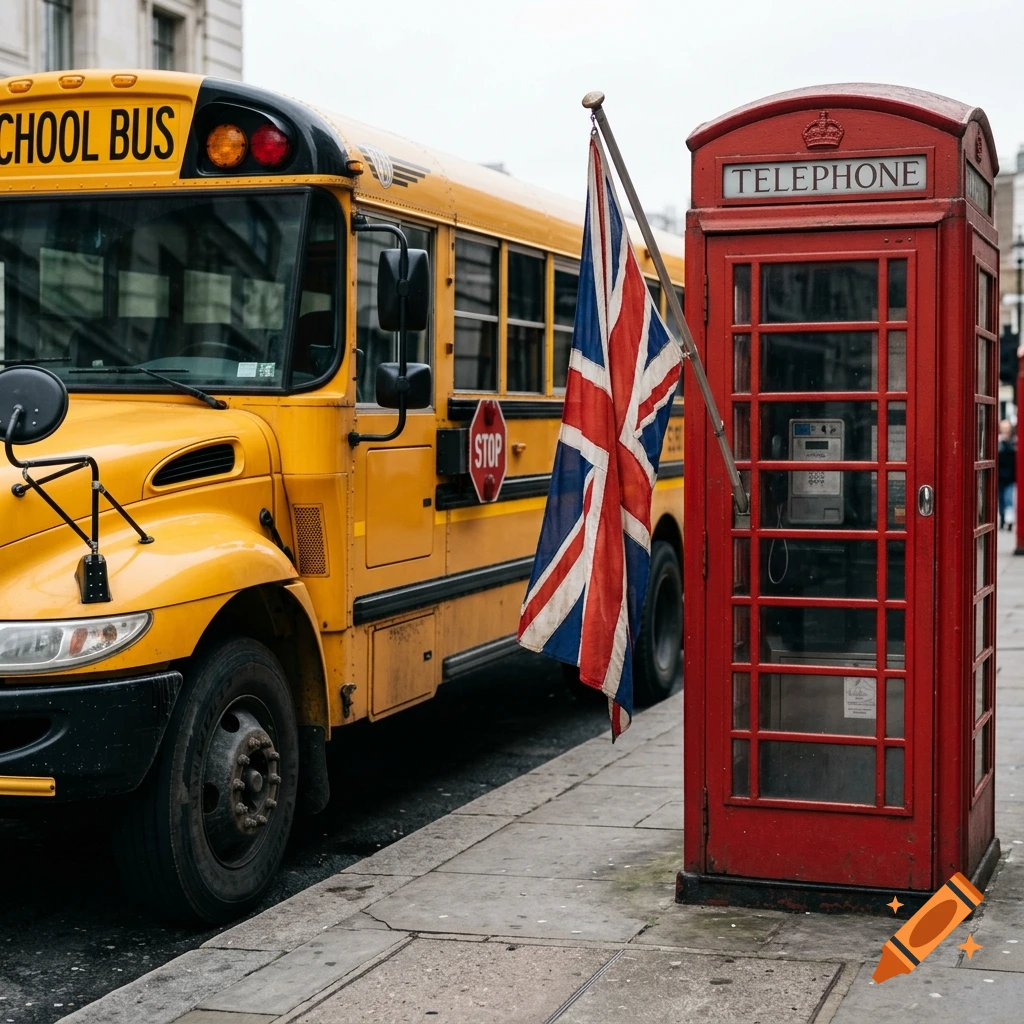 A yellow school bus and a red British telephone box with a Union Jack flag on a city street.