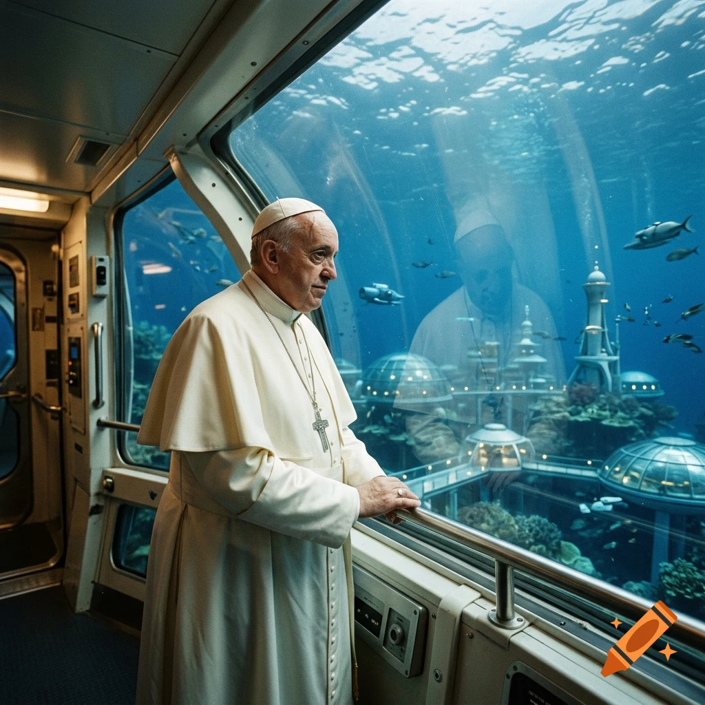 Photorealistic image of Pope Francis looking out a large window of an underwater submarine at a futuristic underwater city.