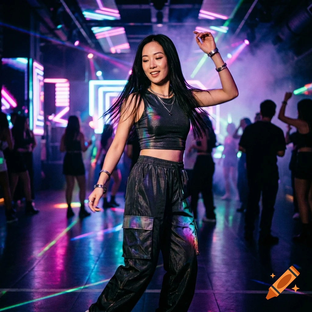 A young Asian woman with long black hair dancing in a neon-lit nightclub with other people in the background.