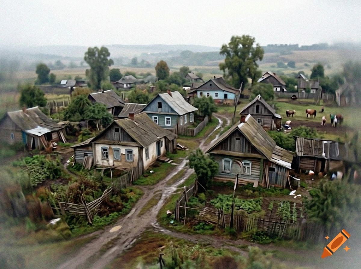 An aerial view of a rural village with rustic wooden houses, dirt paths, and surrounding greenery under an overcast sky.
