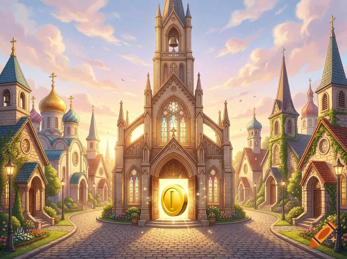 An illustrative neighborhood of churches with a glowing Mario coin emerging from the central church doorway.